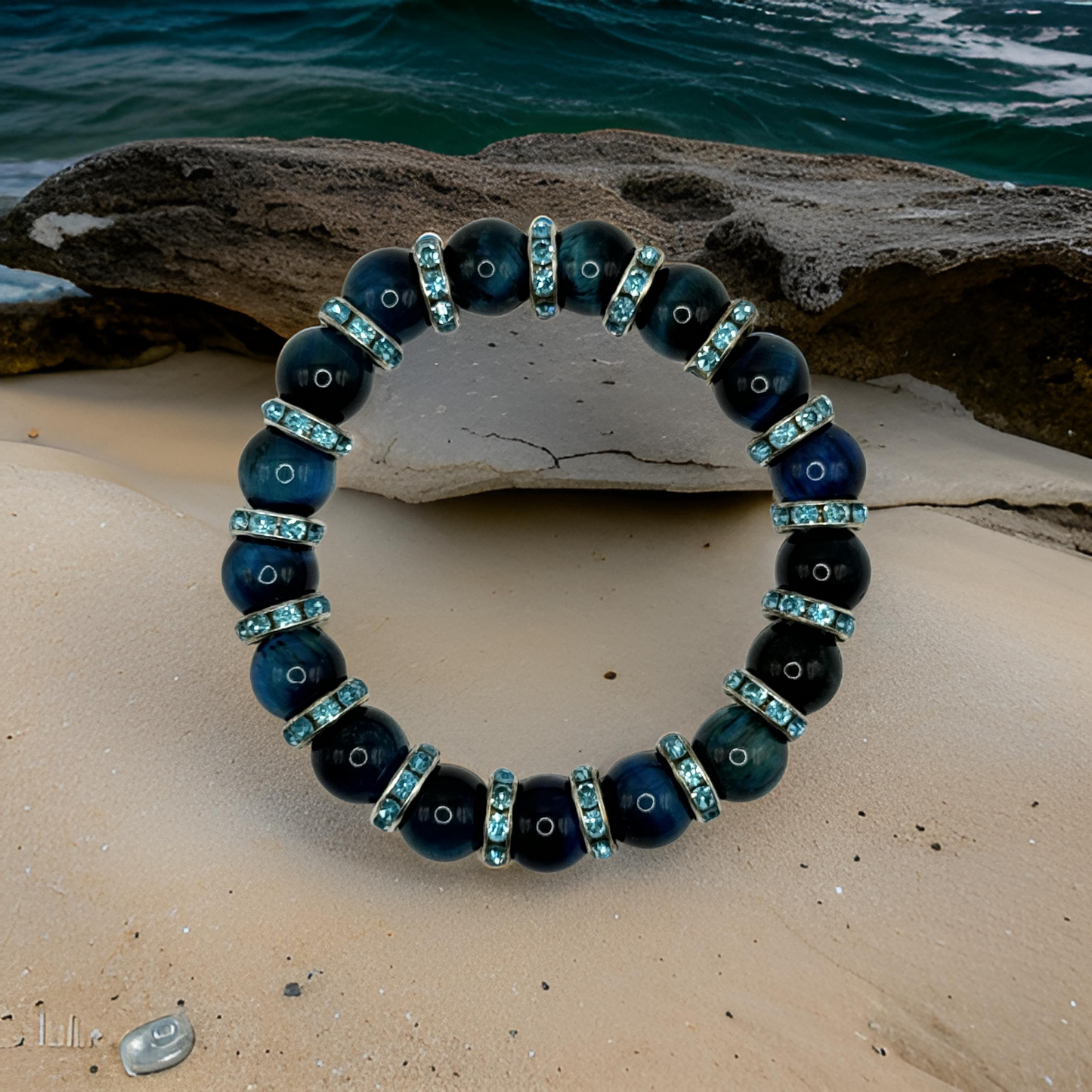 Blue Tiger's Eye with Blue Crystal Rhinestone Bracelet - Clarity and Confidence