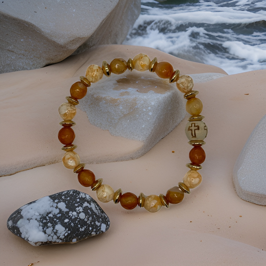 Cross Bead Orange and Rutilated Agate Bracelet - Prosperity and Emotional Clarity