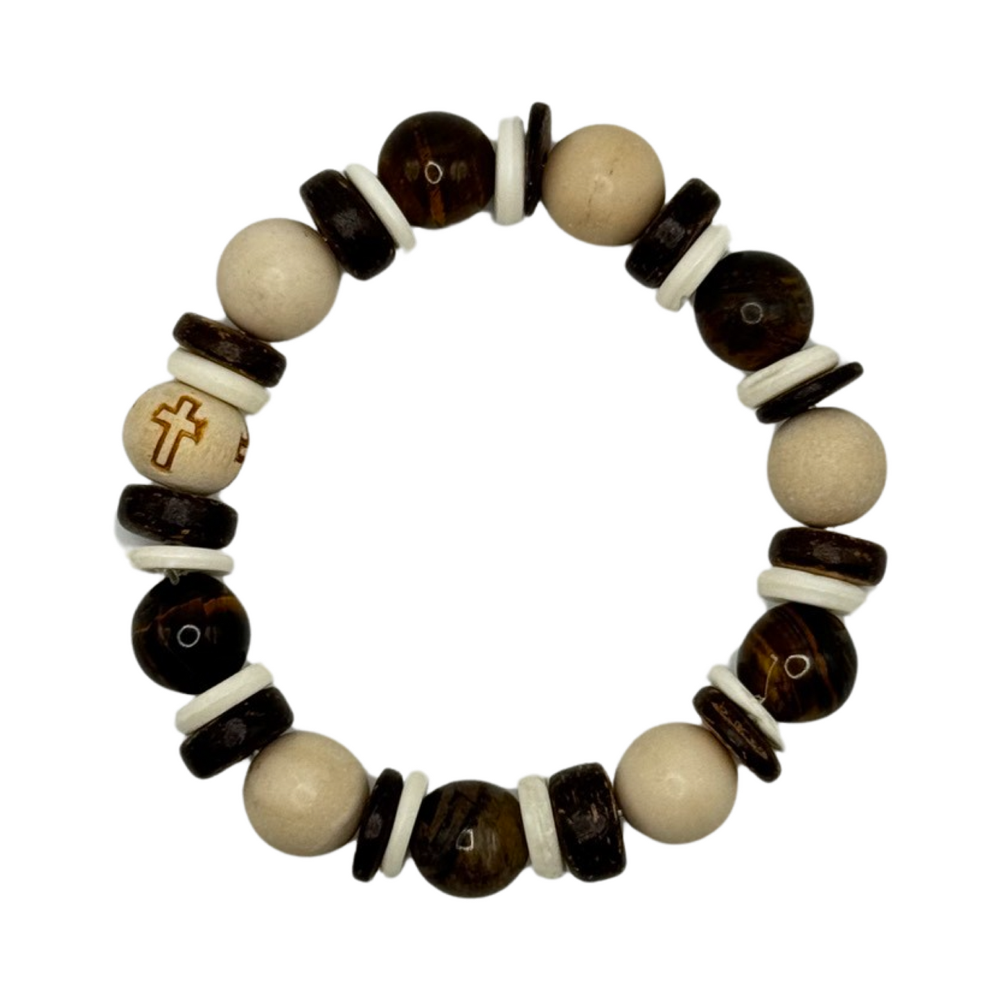 Cross Tiger's Eye and Coconut Shell Bracelet - Empower and Protect