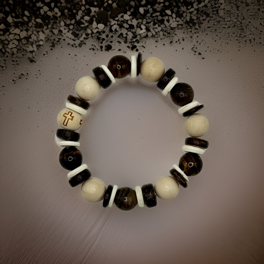 Cross Tiger's Eye and Coconut Shell Bracelet - Empower and Protect