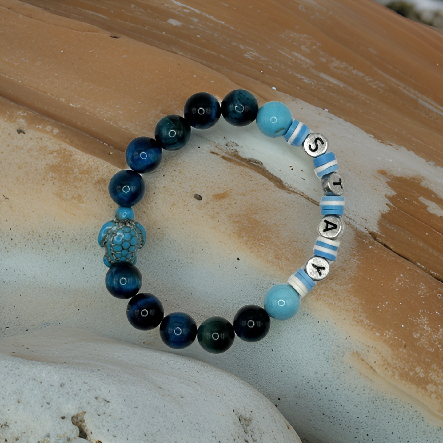 Honu (Turtle) + STAY Blue Tiger's Eye and Turquoise Bracelet - Mental Clarity