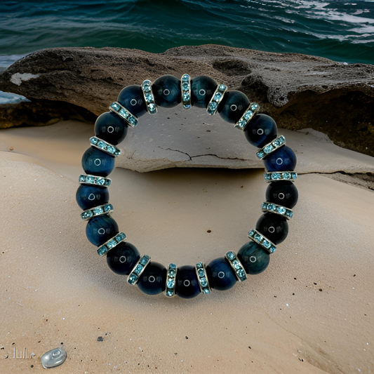 Blue Tiger's Eye with Blue Crystal Rhinestone  Bracelet - Clarity and Confidence