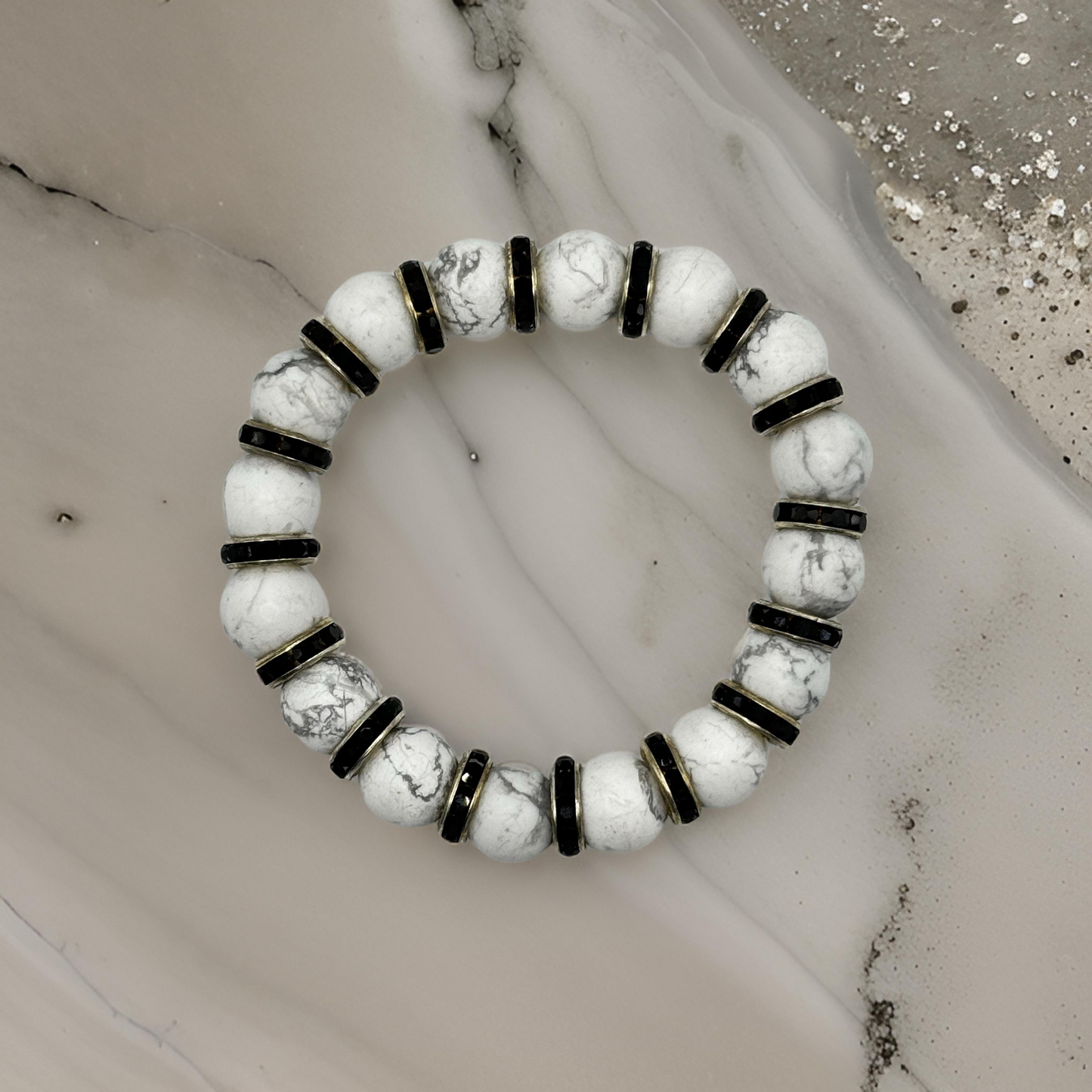 Howlite with Black Crystal Rhinestone Bracelet - Healing and Serenity