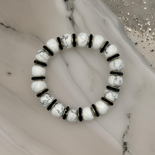 Howlite with Black Crystal Rhinestone Bracelet - Healing and Serenity