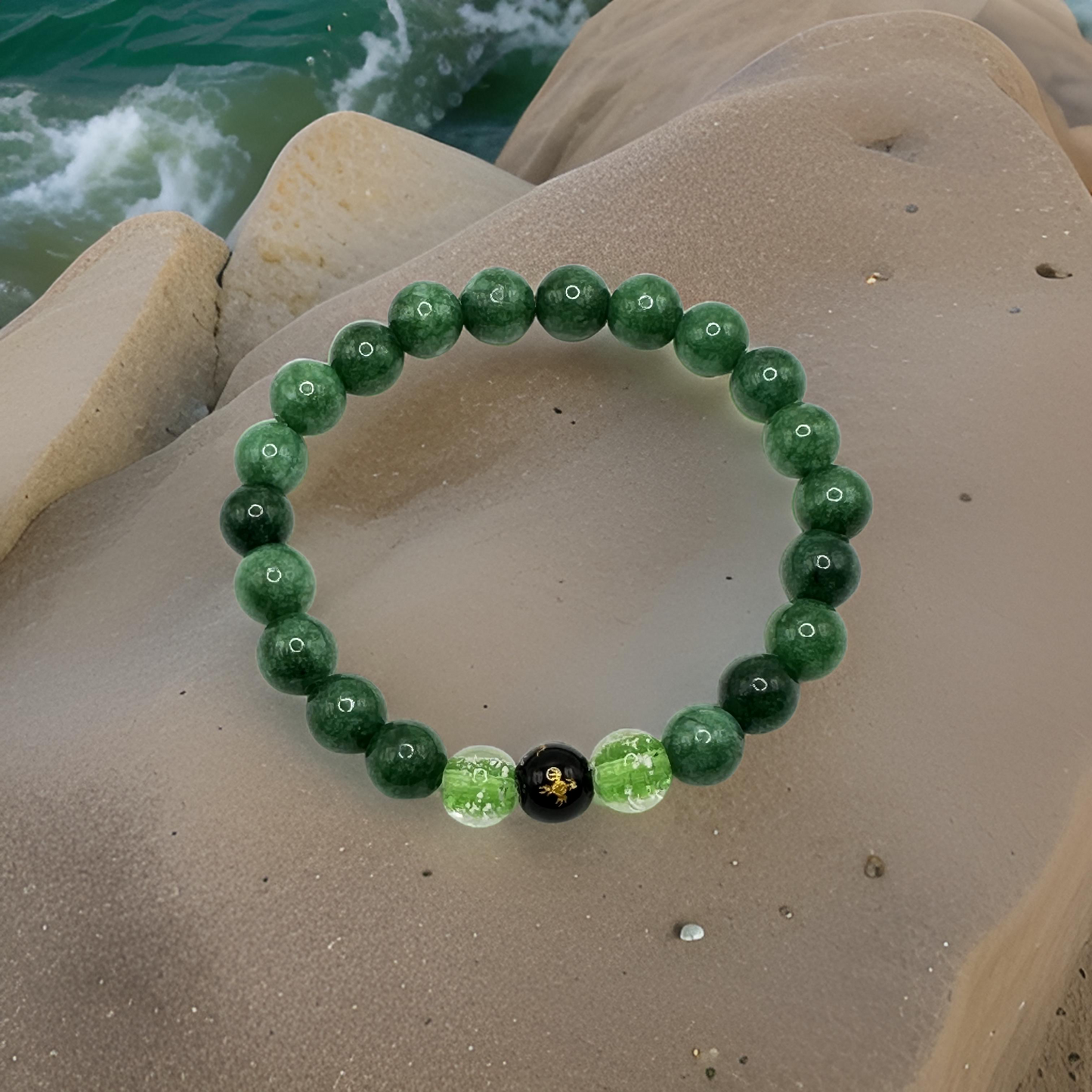 Dragon Bead Green and Black Agate Bracelet - Balance and Strength