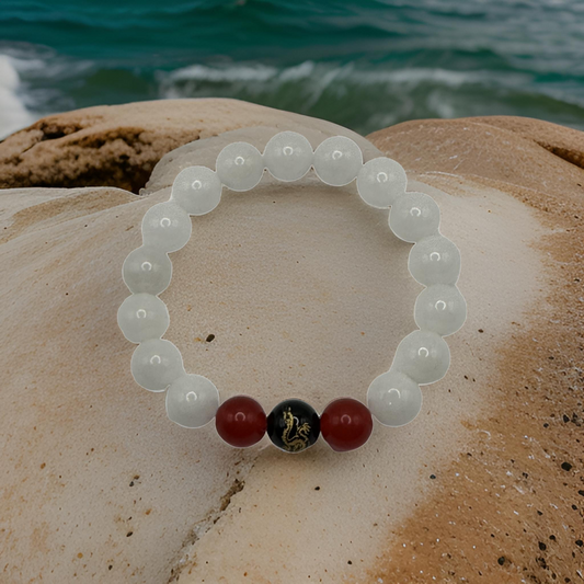 White Jade, Red Jade and Agate Dragon Bead Bracelet - Positivity and Prosperity